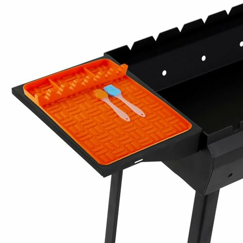 Silicone Griddle Tools Mat, Barbecue Grill Side Shelf Mat with 2 Pcs Basting Brush, Heat-Resistant BBQ Tool Mat, Utensil Rest with Drip Pad for Kitchen, Cooking, Countertop