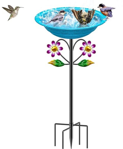 KHayRovies Vogeltränke stehend für Außen, Metall Vogelbad Vogelfutterspender Ständer mit 5 Zinken Basis Pfahl, Wasserschale Vogel Bad Vogelfutterstelle Futterstelle für Wildvögel Garten (Retro Blau)