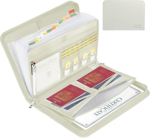 JUNDUN Fireproof Document Organiser with 13 Pockets for A4 Documents | Water-Resistant, Important Document Folder with Multi-Pockets, Labels, Zipper for Cash, Receipt and More, Beige