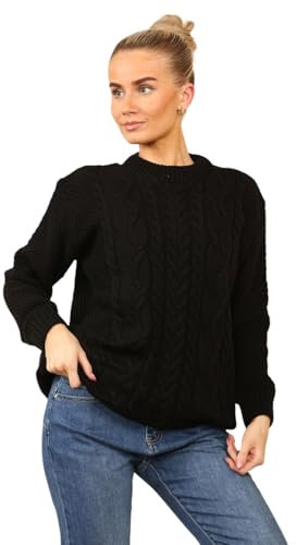 MyShoeStore Ladies Knitted Cable Knit Jumpers Womens Crew Neck Casual Lightweight Fisherman Baggy Oversize Chunky Vintage Long Sleeve Pullover Warm Winter Sweaters Tops (Black, S/M)
