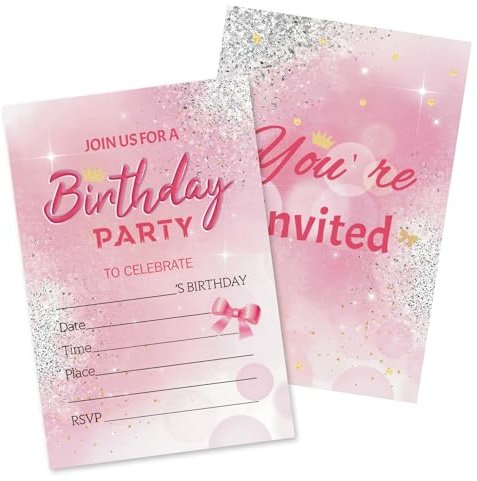 HOMANGA Birthday Party Invitations for Girls, 20Pcs Birthday Invitation Cards with Envelopes, Pink Party Invites for Kids, 10x15cm, Double-Sided