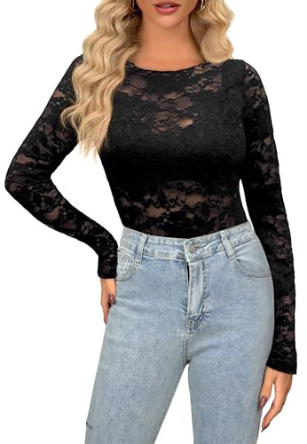 NONSAR Hauts en maille transparents pour femmes, chemisier sexy en dentelle, manches longues, motif floral, décontracté, Y2K, tenue rave, Noir01., XL