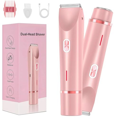Afeitadora eléctrica 2 en 1, recortadora de bikini portátil para mujer, afeitadora eléctrica recargable de doble cabeza, IPX7, impermeable IPX7, uso húmedo y seco, cortadora para piernas, cuerpo,