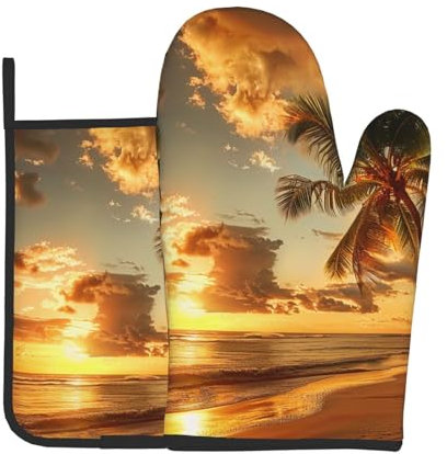 Lot de 2 gants de cuisine et maniques imprimés palmier hawaïen - Résistants à la chaleur - Imperméables - Pour cuisine, pâtisserie, grillades