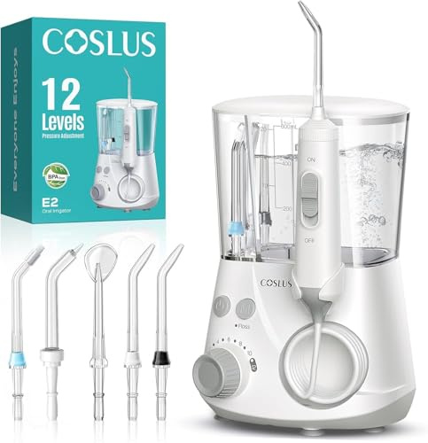 COSLUS Munddusche Elektrisch Professional Zähne: 2 Modi & 12 Druckstufen – 600ml Wassertank Zahndusche für Familien Oral Health Enthusiasten/Orthodontie-Patienten – Haushalt & Bad mit 5 Düsen –Schwarz