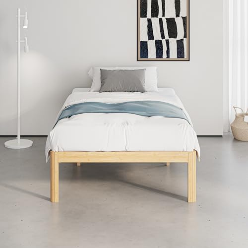 QFtime Bamboo Wood Single Bed Frame, Platform Bed Frame Single with Metal Slats Support, Easy to Install, Noise Free, Sturdy, 44 cm High