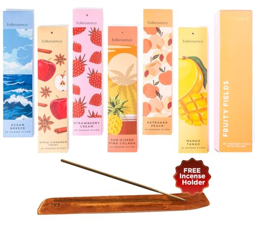 Folkulture Incense Sticks with Holder (120 Sticks) | Set of 6 Fruit Incense Sticks for Mood, Stress Relief | No Charcoal, Organic, Non Toxic, 45 Mins,Long Burning Mango, Pineapple, Insence-Sticks