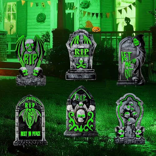 Larber 6pcs Large Halloween Tombstones Yard Signs Decor 38CM Halloween Glow Tombstones with Stakes Waterproof RIP Headstones Outdoor Decor for Graveyard Lawn Garden Decoration