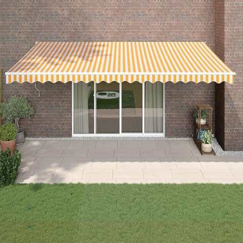 Auvent électrique à bras articulé, 5 x 3 m, jaune et blanc, résistant aux UV, avec télécommande, pour terrasse, balcon, jardin, imperméable, protection solaire