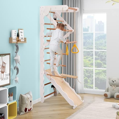 Struttura da arrampicata per interni 6 in 1 per bambini in legno, parete da arrampicata, con scivolo, altalena, scala, struttura da arrampicata, area per trazioni, anelli, spalliera