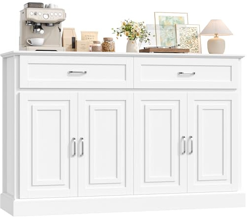 FirFurd Sideboard 140 cm Küchenschrank mit Arbeitsplatte Buffetschrank mit 2 Schubladen 4 Türen, Kücheninsel Wohnzimmerschrank Vorratsschrank für Wohnzimmer Küche Esszimmer, 140x39,5x92,2 cm weiß