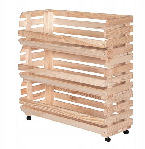 STOLMAK Obstkiste Holz auf Rollen 77 x 79 x 30 cm Kartoffel Obst Gemüse Aufbewahrung Regal mit Körben Stapelkisten Holzkiste Groß Aufbewahren Gemüsekiste 3 Etagen Farbe: Naturholz