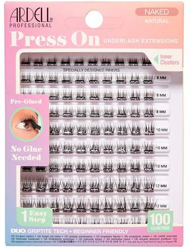 Ardell Press On Lashes Naked Natural – Pre-Glued Underlash Extensions, DIY Lash Clusters, Natural Eyelash Clusters, No Glue Needed Cluster Eyelash Extensions, 100 ct