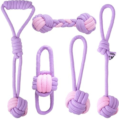 WOVTE 5 Pack Large Dog Rope Toys Dog Chew Toy Kit | 5 Knots Indestructible for Medium Large Dogs, Dog Toys Puppy toys Puppy Teething Tug Toy, Purple Cotton Dog Rope Toys