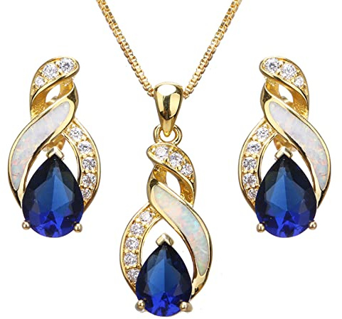 Hermosa Jewelry Sets for Women,14K Yellow Gold Plated Created Opal Sapphire Pendant Necklace Earrings Hypoallergenic Jewelry Gift for Bridal Bridesmaid(JS5)
