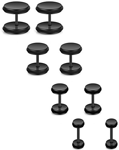 Ruifan 18G Mix Size Stainless Steel Faux Gauges Ear Plugs Tunnel Earrings Stud For Mens Womens 4-10mm 4Pairs - Black