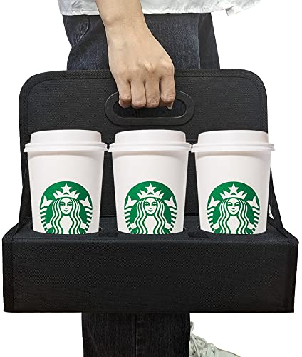 Boczif Cup Caddy Portable Drink Carrier or Cans Reusable, 6-Cup Holder with Handle, Folds Flat, Carry Coffee, Wine, Cocktails, Safely Secures Hot and Cold Beverages- for Delivery and Take Out(Black)
