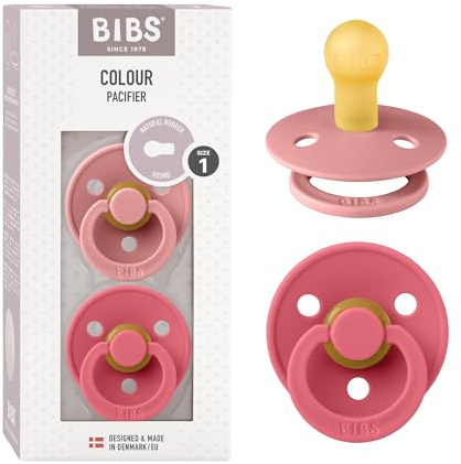 BIBS Colour Soother 2-Pack, BPA Free Dummy Pacifier, Round Nipple. Natural Rubber Latex, Made in Denmark, Size 1 (0-6 Months), Dusty Pink/Cora