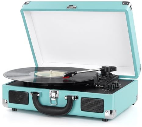 Vinyl Record Player 3-Speed Bluetooth Suitcase Turntable with Built-in Speakers RCA Line Out AUX in Headphone Jack Vintage Record Player,Convert Vinyl to WAV or MP3