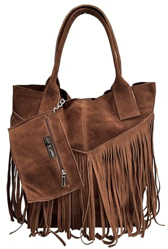 Modarno Borsa shopper da donna in vera pelle scamosciata con frangia più custodia per gioielli dello stesso colore - Borsa a mano - Borsa a spalla (Marrone Acceso)