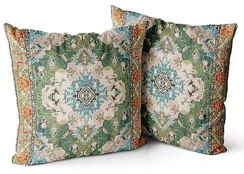 Snylcce Set of 2 Bohemian Style Cushion Covers 45x45 cm Decorative Square Throw Pillow Covers 45x45 cm Sofa Car Pillowcase for Outdoor Home Bed Living Room Couch Decor (Green)