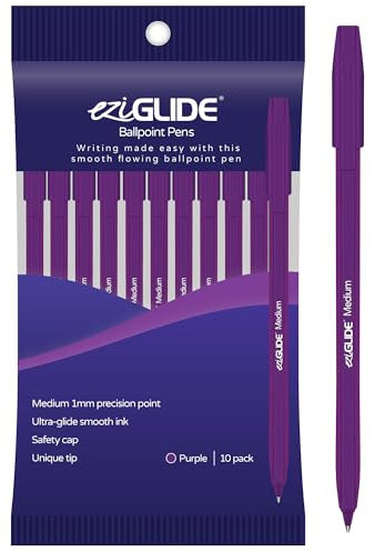 Eziglide 10-Pack Ballpoint Purple Pen Set - Medium Point 1.0mm for Effortless Writing & Comfortable Grip - Ball Point Pens Ideal for School, Exams, Home or Work Stationery Supplies
