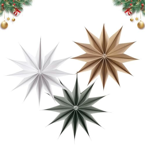 3 piezas de papel blanco de 12 puntas de estrella de papel para decoración de árbol de techo, decoración para colgar en la habitación, pantalla de lámpara colgante de Navidad, baby shower, bodas