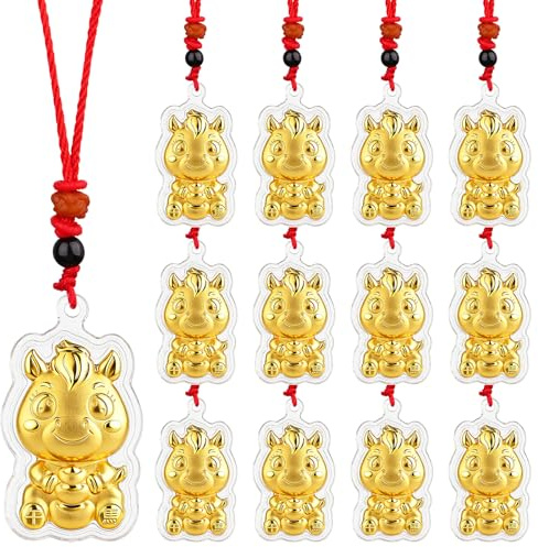 12 Pcs 2026 Year of The Horse Pendant Chinese New Year Necklace Jewelry Lunar New Year Horse Pendant Lucky Horse Statues Charms Necklace Spring Festival Decoration Zodiac Gift