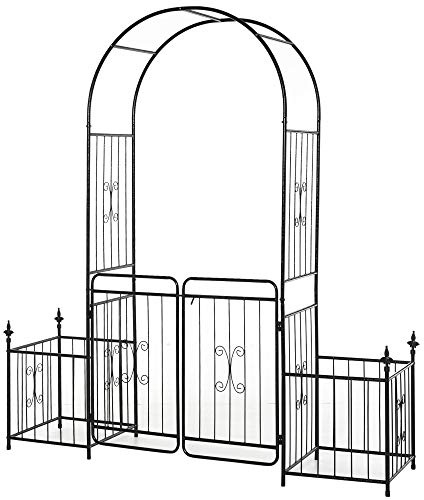 Outsunny Metal Garden Arbor Arch with Double Doors, 2 Side Planter Baskets, Climbing Vine Frame, Black
