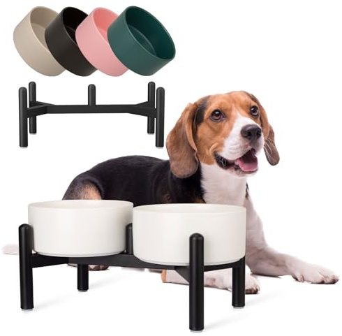 Gamelle pour Chien Surélevée en Ceramique - Double Bol avec Support en Acier Inoxydable - Gamelles Surélevées pour Petits et Moyens Chiens - 660 ML x 2 - Noir