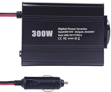 SZSSTH Inversor 12v a 220v Convertidor de Corriente 300W, Transformador de tensión Power Inverter con Conector Tipo C y USB, Encendedor de Cigarrillos, Ideal para Camping, Viajes y laptops teléfono