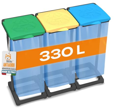 AKITAInk - Portasacchi Raccolta Differenziata 330L | Pattumiera 3 Scomparti Multicolore con Porta Rotolo, Coperchi Impermeabili Anti Odore, Polipropilene Resistente Made in Italy - 94,5x36x81 cm
