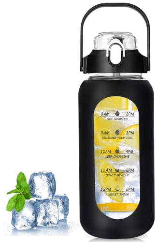 WIYETY Bouteille en verre de 1 000 ml avec paille - Bouteille en verre avec étui en silicone antidérapant et marqueurs de temps, sans BPA, étanche, grande bouteille pour le sport, la gym