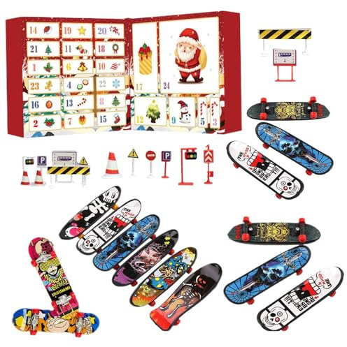 Renchey Calendrier de l'Avent Fingerboard - Petit Panneau Routier Interactif et Ludique - Jouets De Skateboard De Noël - pour Vacances Anniversaire Fêtes Bureaux Maison Chambre École Appartement