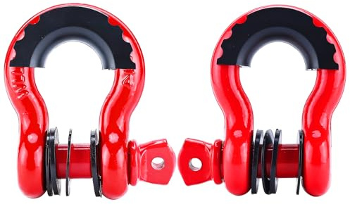 FreeTec 4,75t Schäkel Groß, 3/4 zoll Robuster Abschleppschäkel aus Verzinktem Stahl, 2 Stück D Ring Schäkel Kratzsicher Schaekel mit Gummi Schutzset Gewindestift für PKW 4x4 Offroad (Rot)