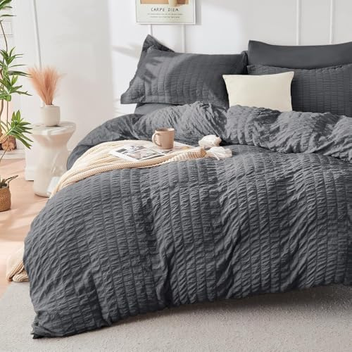 Sonive Set de Ropa de Cama 135x200 cm 2 Piezas Gris, Seersucker, Certificado Oeko-Tex, Funda de Edredón con Cremallera, Set Microfibra 1x135x200 + 1x50x70