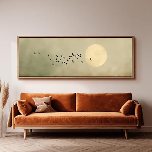XBTYKPB Arte murale Japandi con luna piena, stampa su tela di uccelli in volo, arte ampia, vista orizzontale del cielo, stampa su tela, dipinto di metà secolo (50x150 cm/cornice interna)