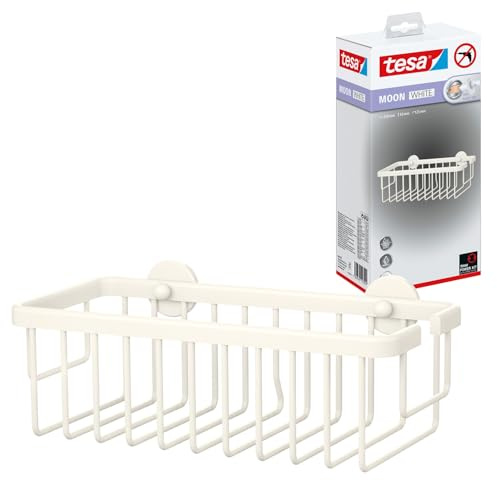 tesa® MOON WHITE duschhylla, matt vit – en våning, extra djup – för badrum i industriell stil och moderna badrum – ingen borrning, med självhäftande lösning – 92 mm x 250 mm x 125 mm