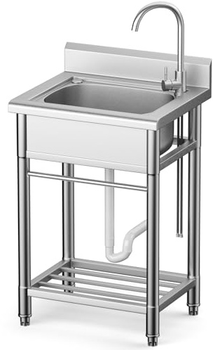 Utility Sink Free Standing Single Bowl Kitchen Sink with Cold and Hot Water Pipe Stainless Steel Sink for Garage Shop Laundry Room Farmhouse Mens Gifts Ourdoor Indoor