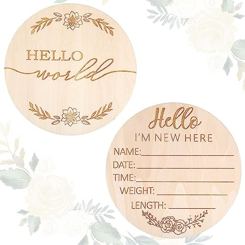 Ouligay Meilensteinkarten Baby Holz Schild, Hallo Welt Baby Holzschild Hello World Schild Neugeborene Announcement Sign Willkommensschild Rund für Schwangere Werdende Mütter Eltern
