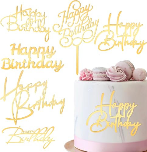 6 pcs Happy Birthday Cake Toppers Gold Cake Decorations Mirror Acrylic Side Cakes Decorations Gold Cakes Inserts for Birthday Party Desserts Pastries