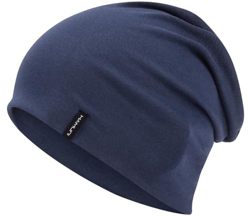 HAMUNI Slouchy Beanie Mütze Damen, Bequeme Baumwolle Mütze Herren, Doppellagige Weiche Winddichte Dünne Mütze, Klassische Modische Beanie Mütze Perfekt für den Alltag und Übergangszeiten (Blau)