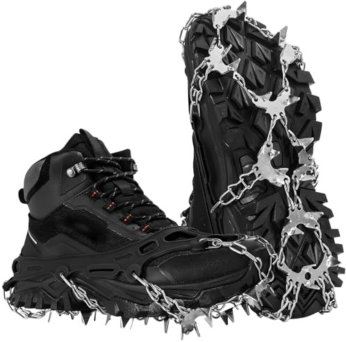 HOSLAFON Crampones para Calzado, 32 Clavos, agarres para Hielo y Nieve, Tacos de tracción de Acero Inoxidable para Caminar y Hacer Senderismo