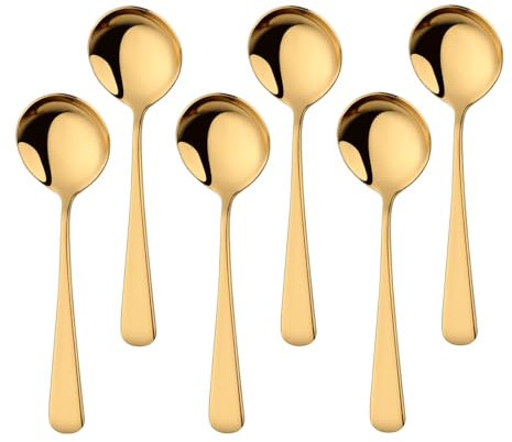 Buyer Star - Juego de cucharas de sopa de acero inoxidable, 6 cucharas redondas de postre de 6.3 pulgadas, cuchara de acero inoxidable para muesli, gachas de avena, yogur de frutas, apto para