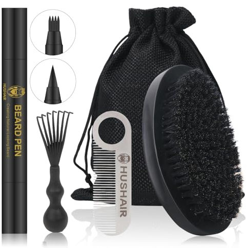 HUSHAIR Beard Brush 5-in-1 Set for Men - Natural Boar Bristle Brush & Beard Pen Filler，Stainless Steel Pocket Beard Comb/Combing Brush/Ramie Storage Bag - Great for Grooming Beards and Mustaches