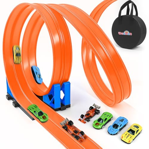 Dreamon Flexible Autorennbahn Kinder 6 Meter Rennbahn Rennstrecke Auto Spielzeug 3 4 5 6 Jahre mit 4 Spielzeugautos 2 Rampen 1 Aufbewahrungstasche 4 Saugnäpfe Geschenke für Jungen und Mädchen