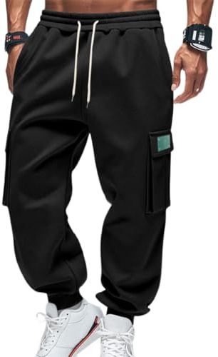 OLIPHEE Pantalones Cargo Hombre Pantalón Polar Hombre Pantalones Invierno Otoño Cintura Elástica con Cordón y Bolsillos Pantalón Casual Deportivo Exterior A-Negro M