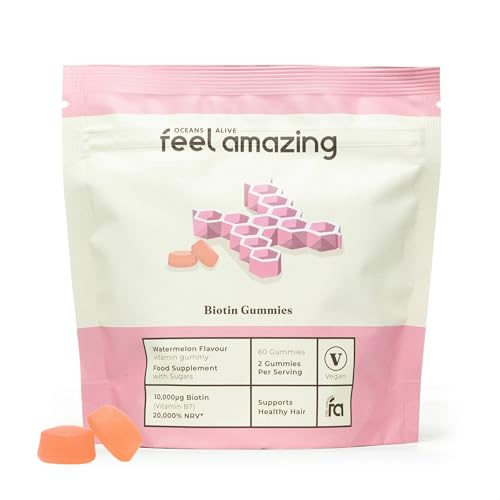 Feel Amazing Biotin Gummies - 10000µg Biotin per Serving - Vegan - Supports Skin Function & Hair Health - Watermelon Flavour - 60 Gummies