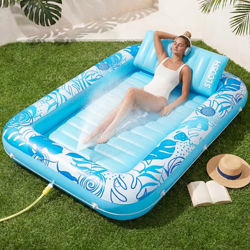 SLOOSH Misting System Inflatable Tanning Pool Lounger Float, 6 in 1 Large Mist Cooling Tanning Bed Floaties with Pillow & Cup Holders, 70 x 46 Blow Up Suntan Lounge Raft Beach Backyard Adults Gifts