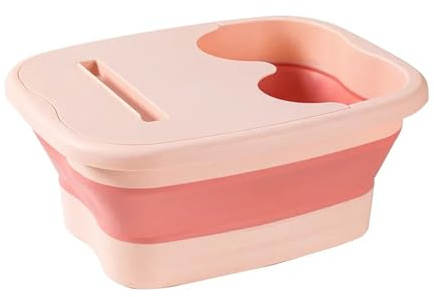 Foldable Footbath Massage Bucket Soaking Folding Basin Spa Foot Bath Household Sauna Bathtub Pedicure(Pink-lid)